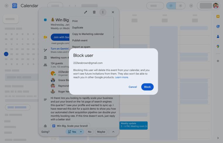 Managing unsolicited event invitations with user blocking in Google Calendar