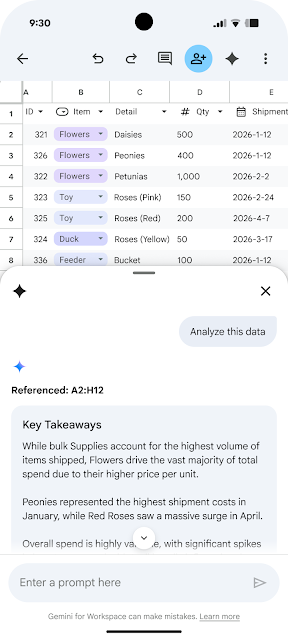 Gemini in Google Sheets is now available on Android devices