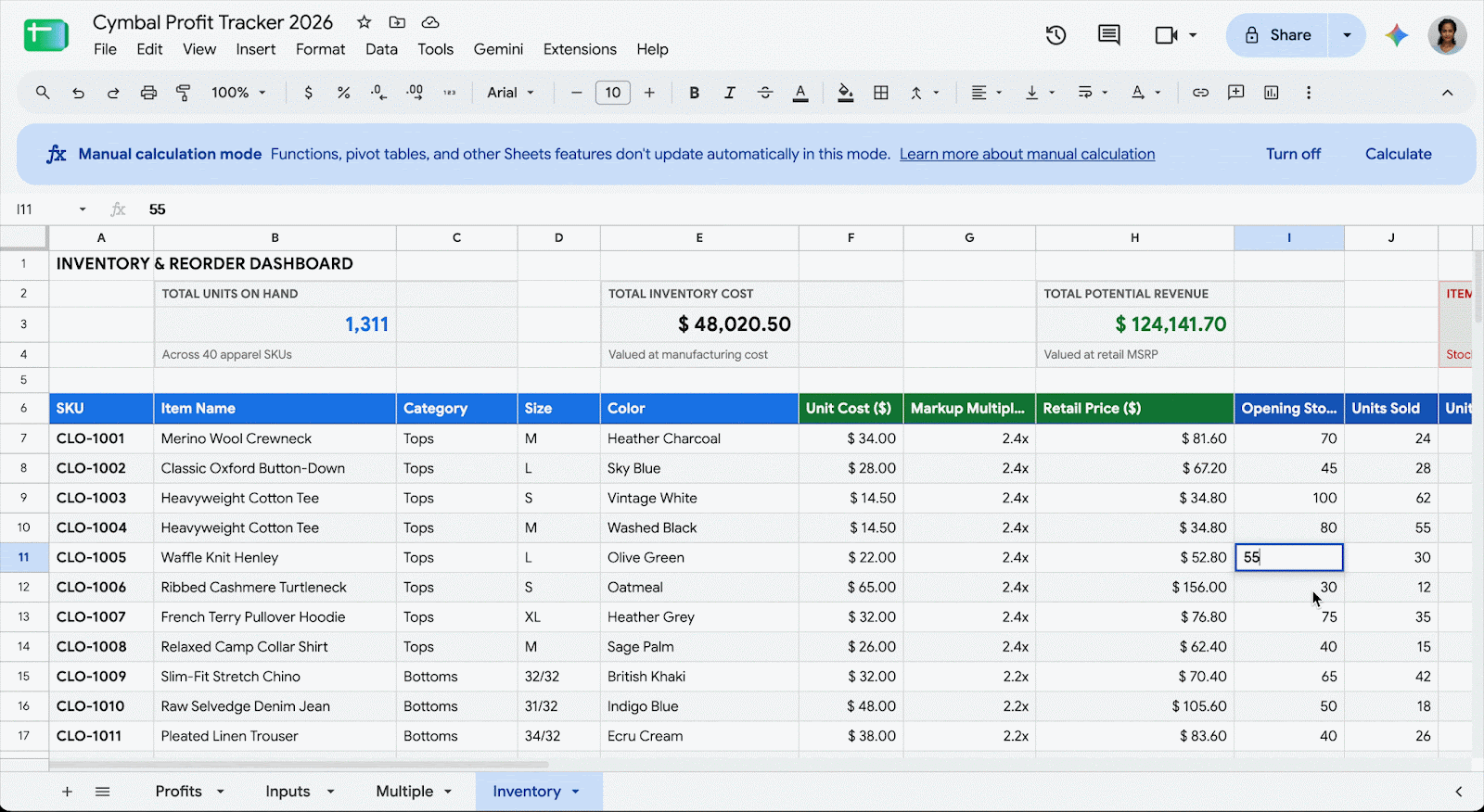 New manual calculation setting in Google Sheets