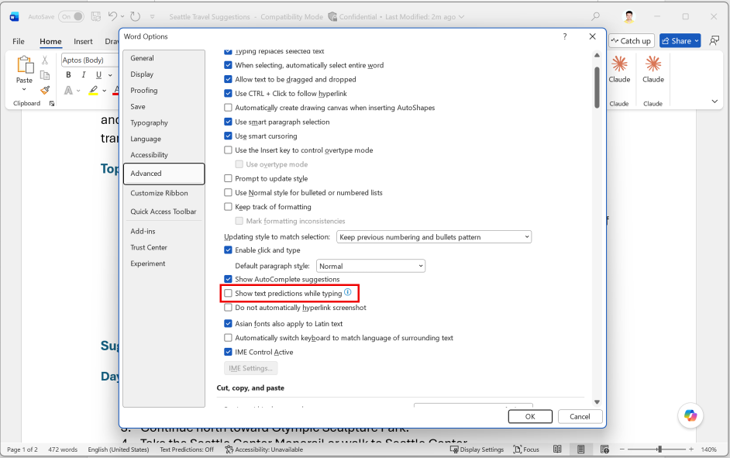 Text predictions off by default in Word and Outlook