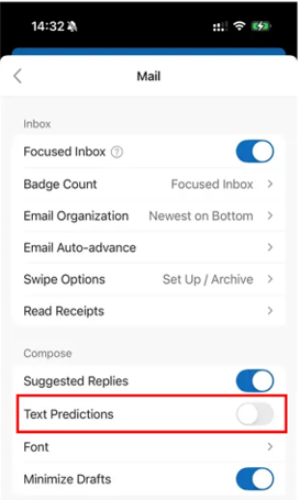 Text predictions off by default in Word and Outlook